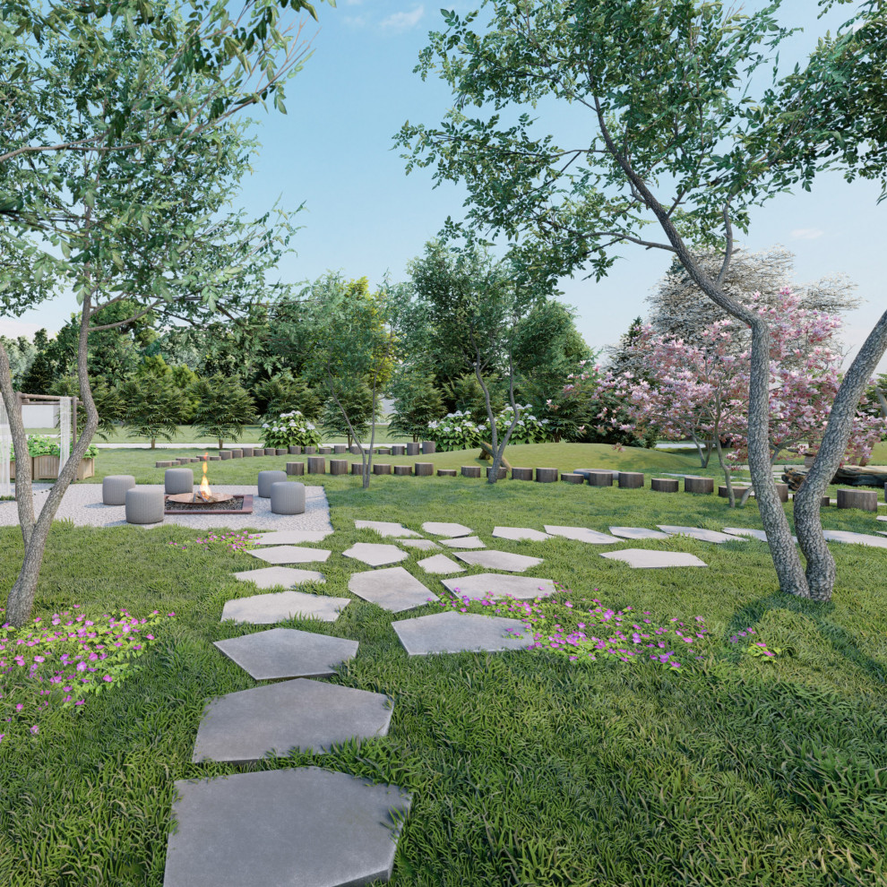 Foto di un ampio giardino stile rurale esposto in pieno sole in primavera con un ingresso o sentiero, un pendio, una collina o una riva e pavimentazioni in pietra naturale