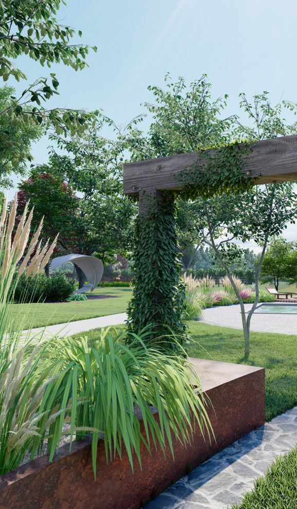 Свежая идея для дизайна: огромный солнечный, весенний участок и сад на склоне в стиле рустика с садовой дорожкой или калиткой, хорошей освещенностью и покрытием из каменной брусчатки - отличное фото интерьера