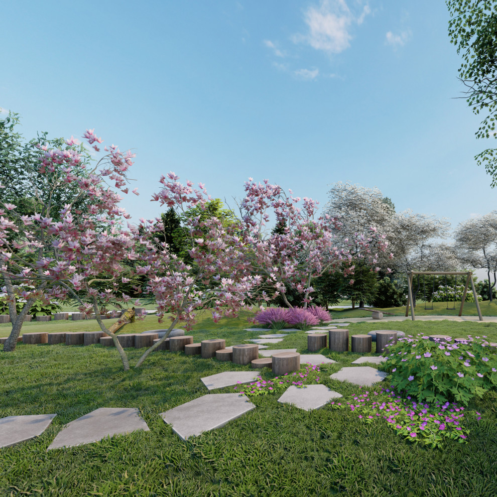 Idee per un ampio giardino rustico esposto in pieno sole in primavera con uno spazio giochi, un pendio, una collina o una riva e pavimentazioni in pietra naturale