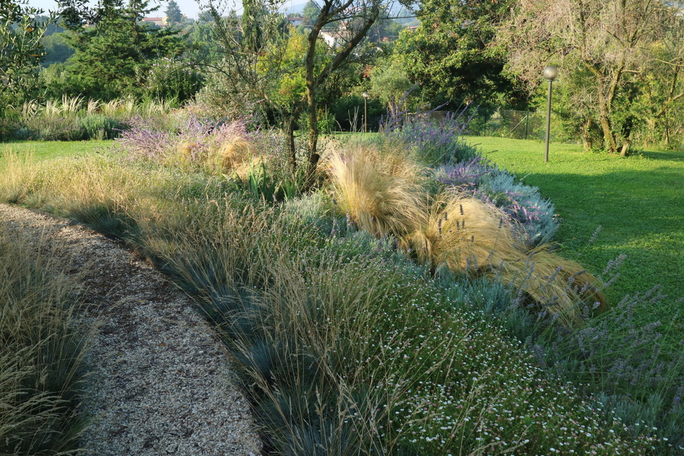Foto de jardín de secano mediterráneo grande en patio delantero con exposición total al sol y gravilla