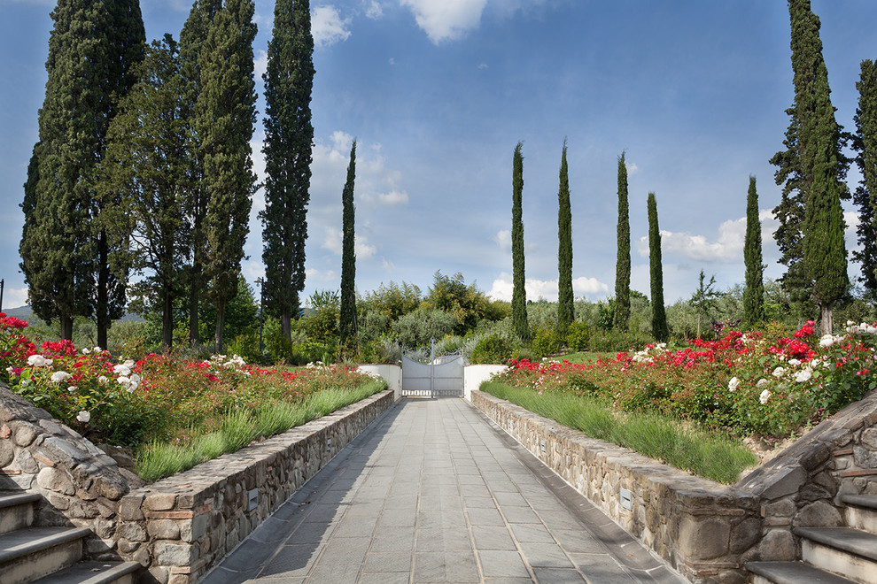 Esempio di un ampio giardino formale tradizionale esposto in pieno sole davanti casa in estate con un ingresso o sentiero e pavimentazioni in pietra naturale