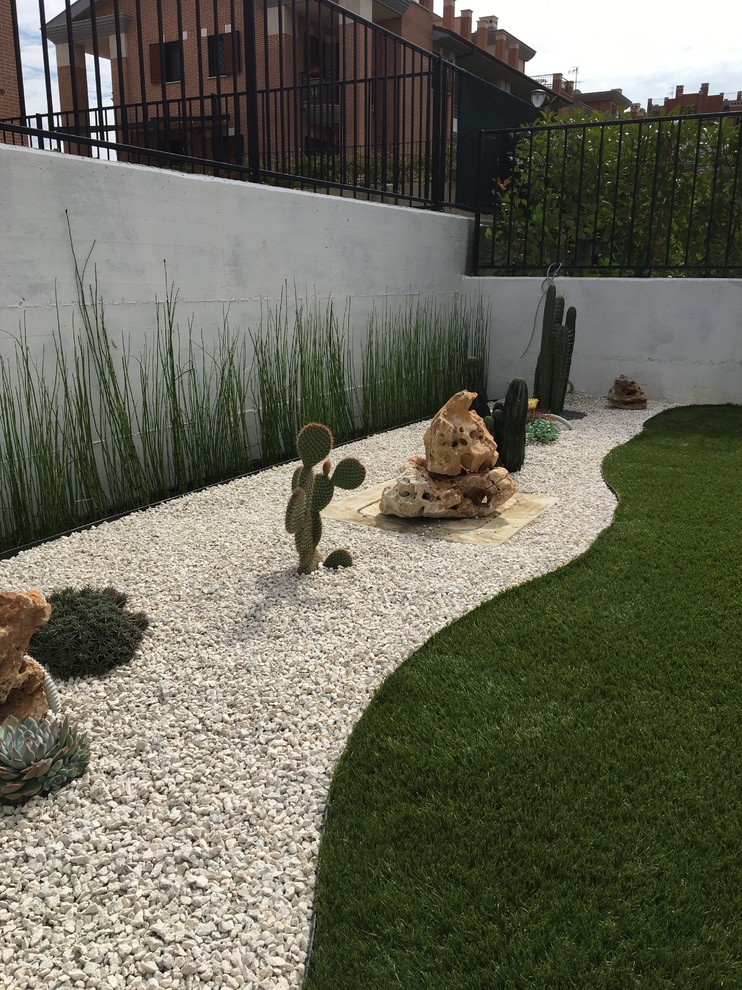 Modelo de jardín de secano actual de tamaño medio en patio delantero con exposición total al sol