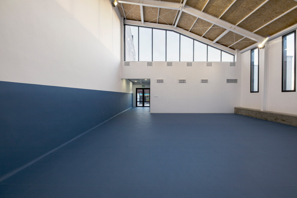 Ispirazione per una palestra multiuso design di medie dimensioni con pareti bianche, pavimento in vinile, pavimento blu e soffitto in legno