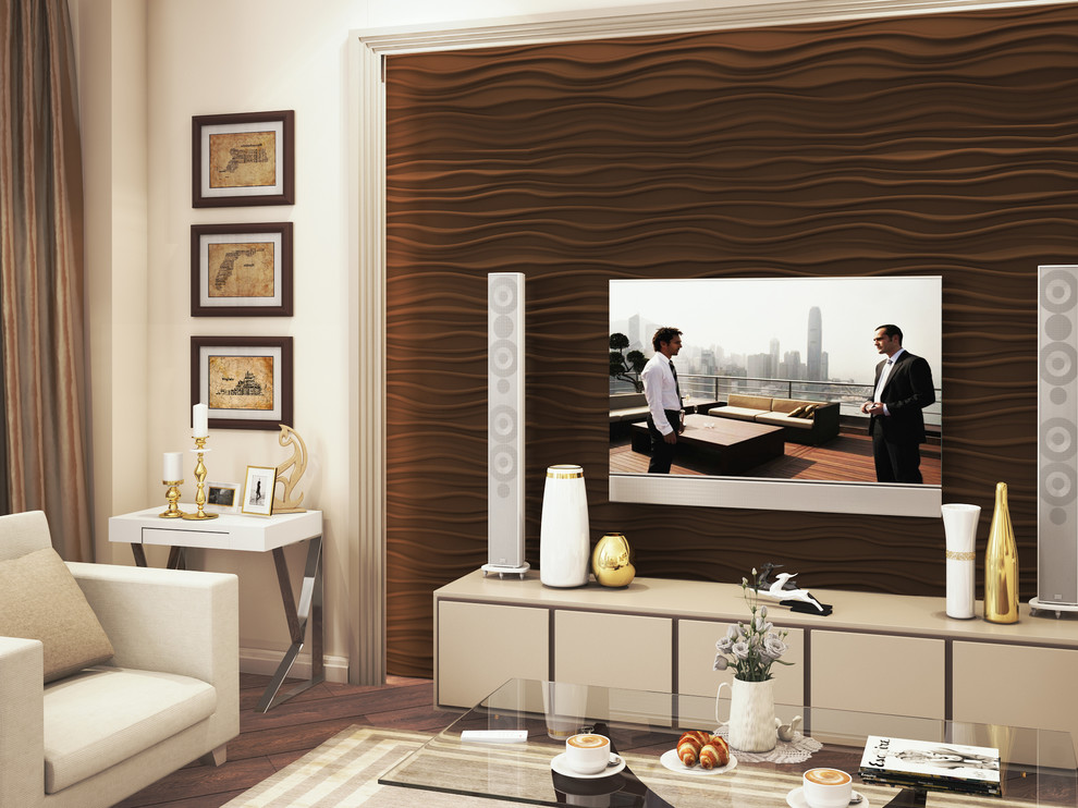 Exemple d'un grand salon tendance ouvert avec un mur beige, parquet foncé, un téléviseur fixé au mur et un sol marron.