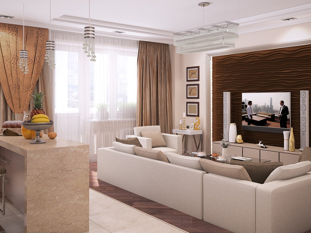 Стильный дизайн: большая открытая гостиная комната в современном стиле с бежевыми стенами и телевизором на стене - последний тренд