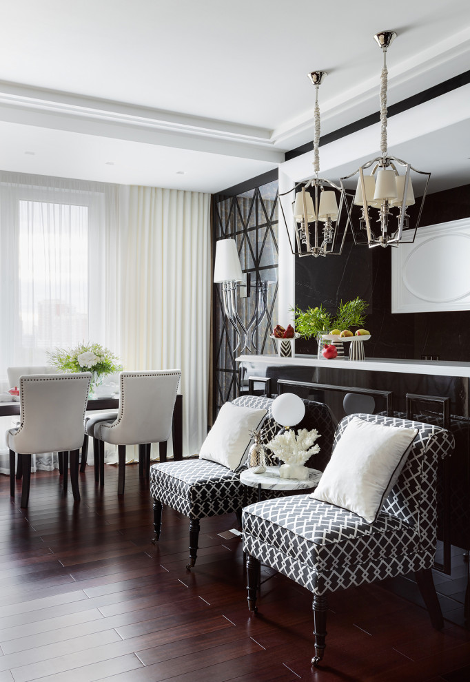 Example of a mid-sized trendy open concept dark wood floor and brown floor living room design in Moscow with black walls