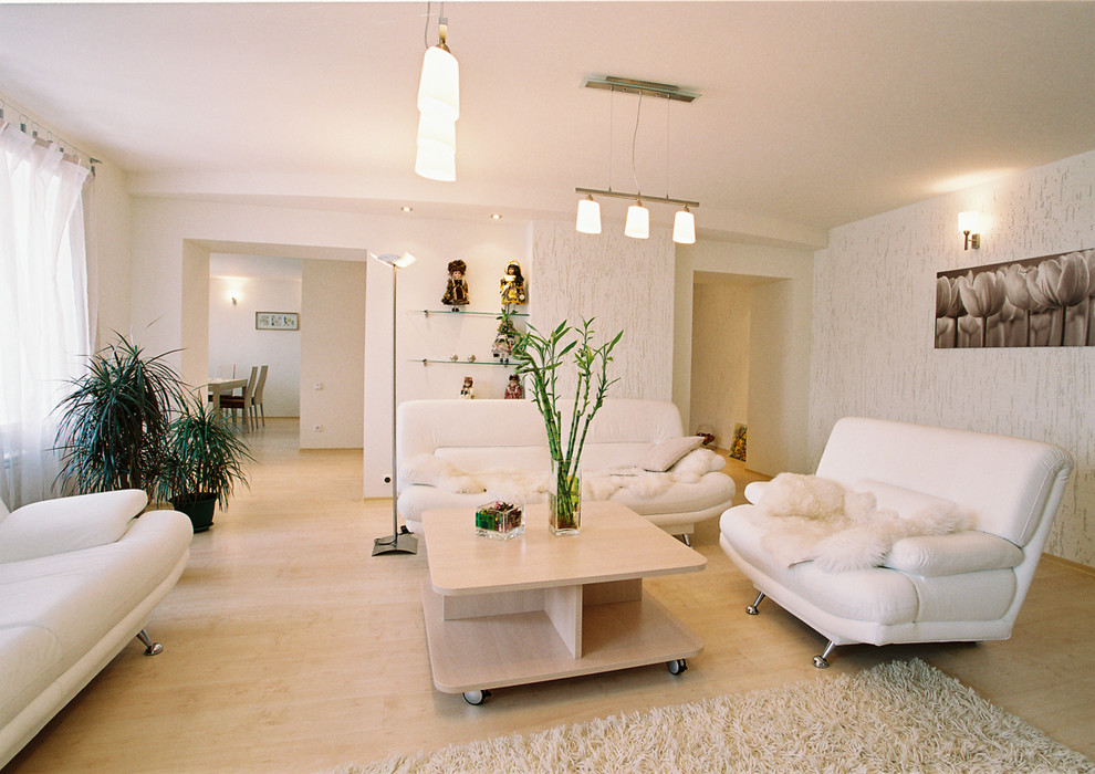 Kleines, Abgetrenntes Modernes Wohnzimmer ohne Kamin mit weißer Wandfarbe, Laminat, freistehendem TV und beigem Boden in Sonstige