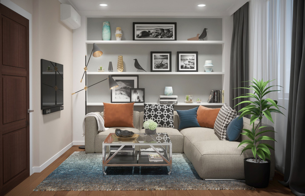 Photo of a small scandi enclosed living room in Other with a reading nook, white walls, laminate floors, a wall mounted tv and brown floors.