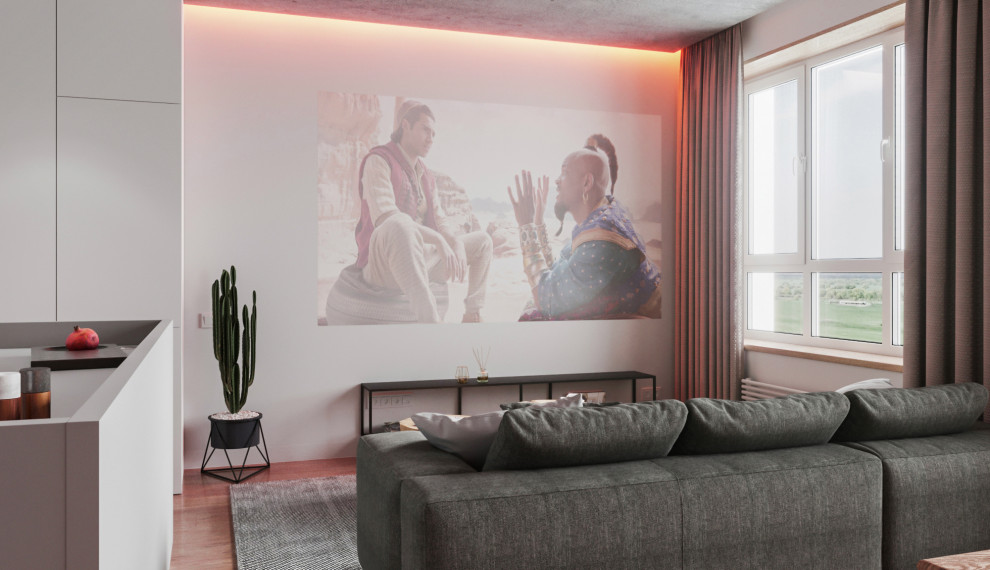 Esempio di un soggiorno contemporaneo di medie dimensioni e aperto con pareti bianche, pavimento in vinile, nessuna TV e pavimento beige