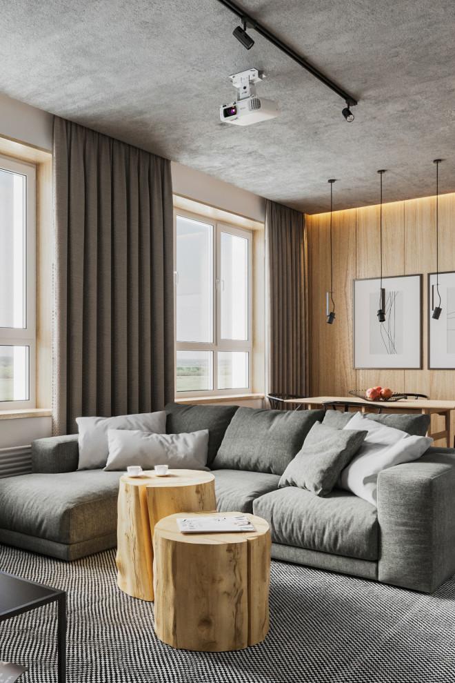 На фото: открытая гостиная комната среднего размера в современном стиле с белыми стенами и деревянными стенами с