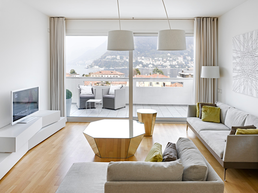 Esempio di un grande soggiorno minimalista aperto con sala formale, pareti bianche e parquet chiaro