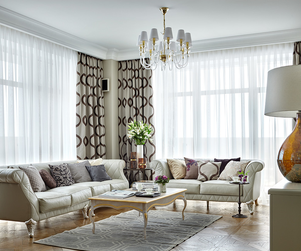Design ideas for a classic formal living room curtain in Moscow with beige walls and light hardwood flooring.