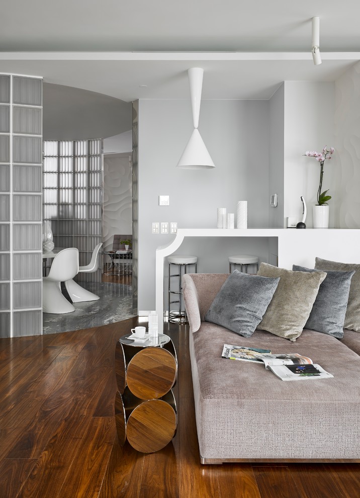 Modelo de salón actual con paredes blancas, suelo de madera en tonos medios y suelo marrón