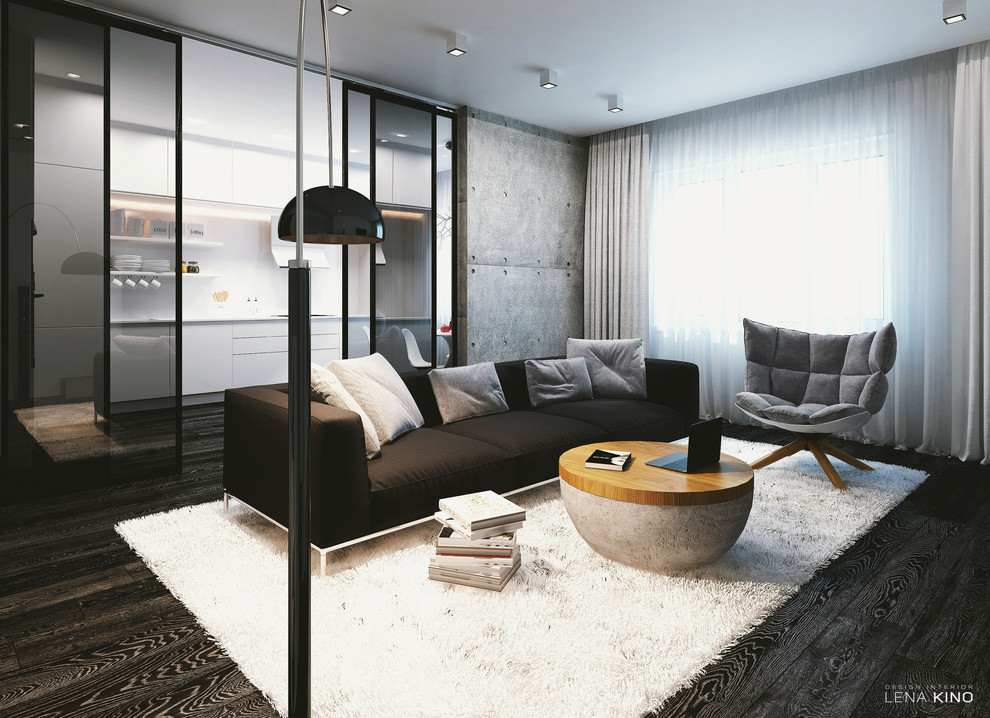 Пример оригинального дизайна: объединенная гостиная комната среднего размера в современном стиле с белыми стенами, полом из керамогранита, телевизором на стене, черным полом и тюлем на окнах