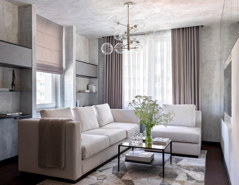 Пример оригинального дизайна: гостиная комната в современном стиле с серыми стенами и темным паркетным полом без камина