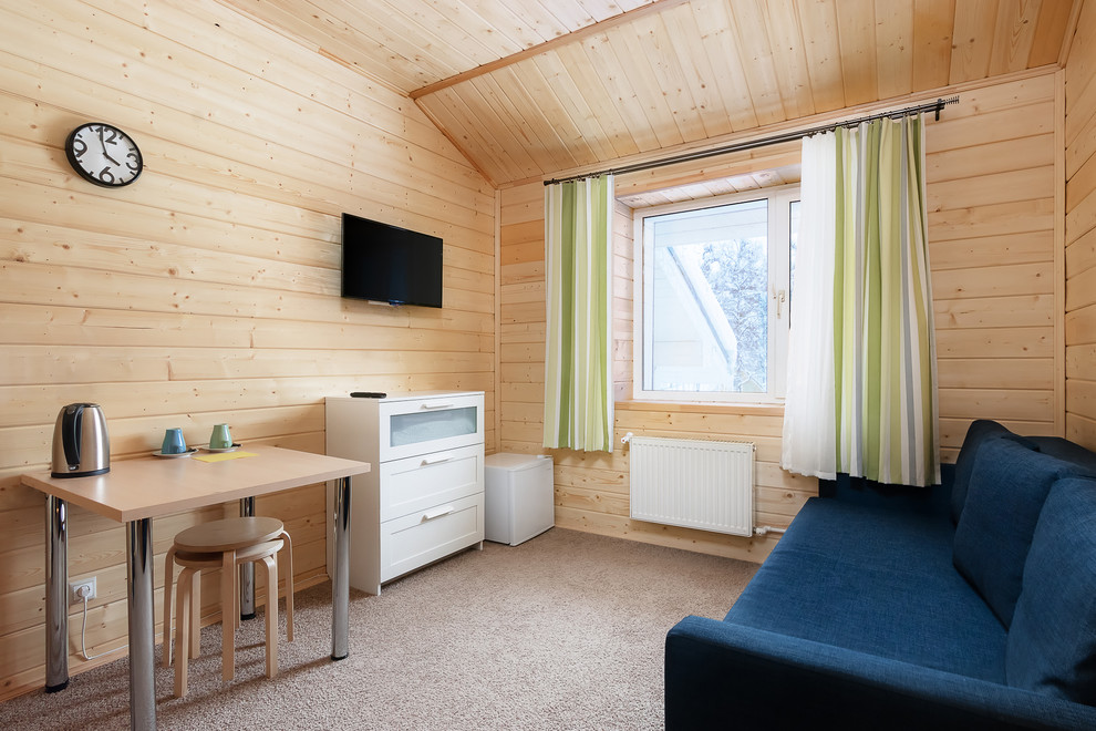 Exemple d'un petit salon nature ouvert avec un mur beige, moquette, un téléviseur fixé au mur et un sol gris.