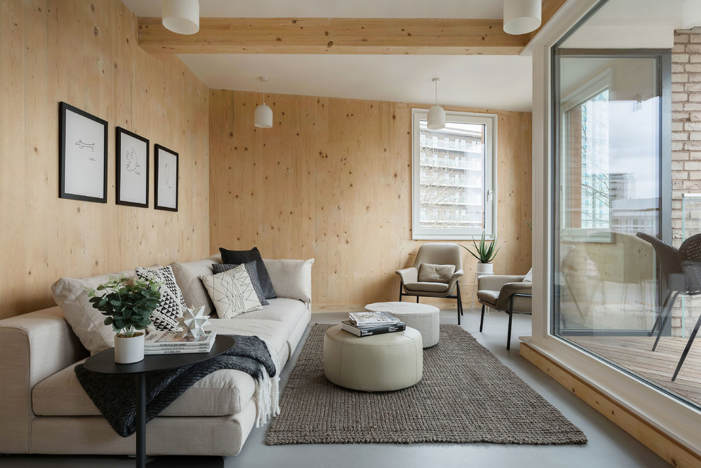 Inspiration för små nordiska separata vardagsrum, med bruna väggar, linoleumgolv och grått golv