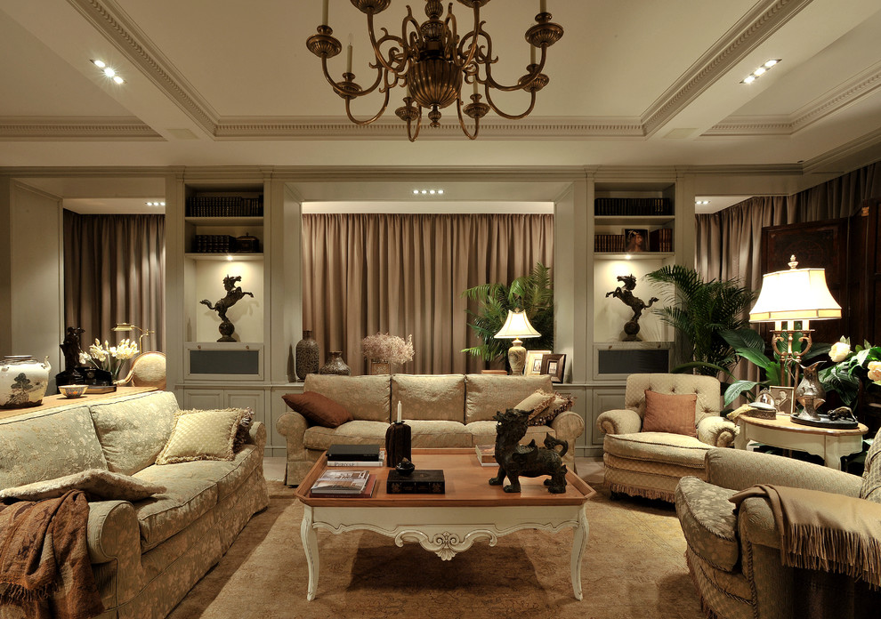 Esempio di un ampio soggiorno tradizionale aperto con sala formale, pareti grigie e pavimento beige