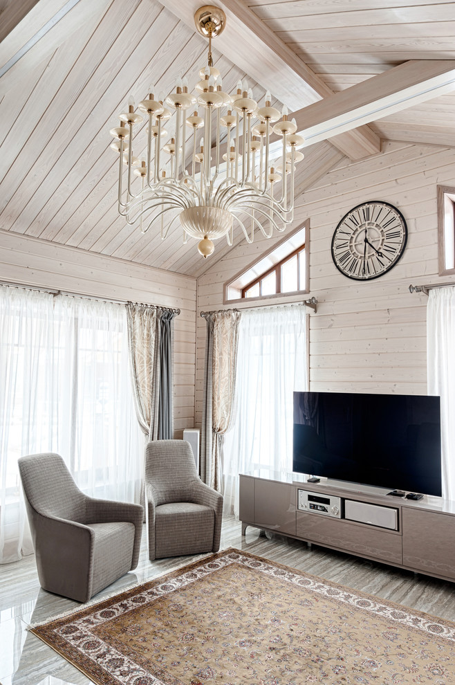 Aménagement d'un salon contemporain de taille moyenne et fermé avec un mur beige, un sol en carrelage de porcelaine, une cheminée standard, un manteau de cheminée en métal, un téléviseur indépendant et un sol beige.
