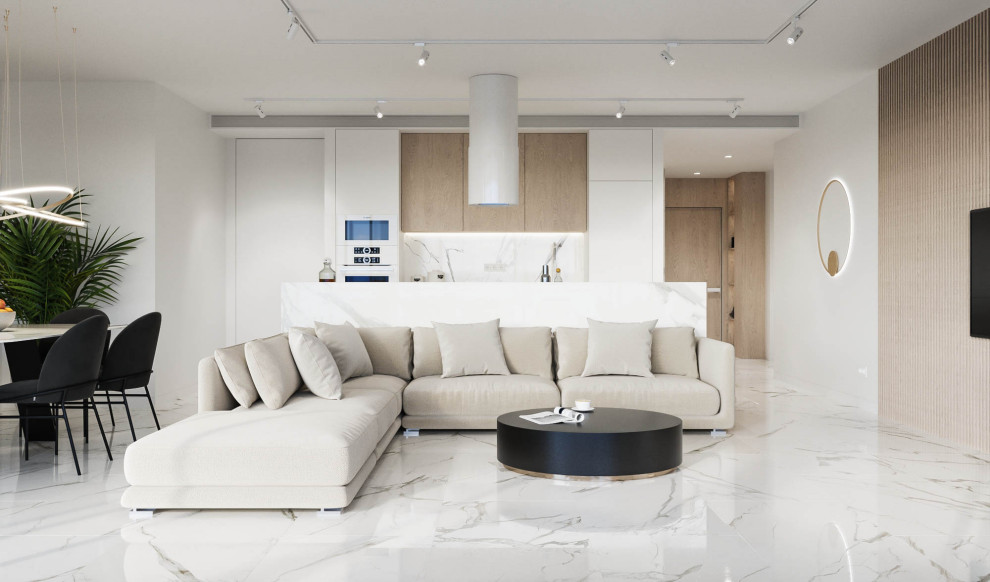 Exempel på ett stort modernt allrum med öppen planlösning, med vita väggar, klinkergolv i porslin, en väggmonterad TV och vitt golv