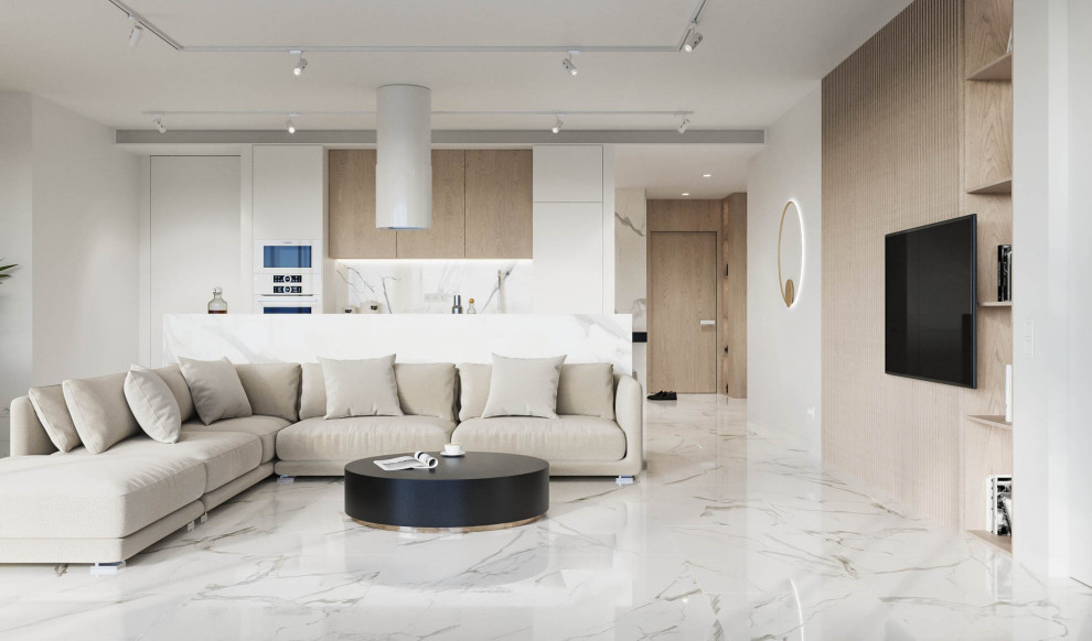 Diseño de salón abierto actual grande con paredes blancas, suelo de baldosas de porcelana, televisor colgado en la pared, suelo blanco y boiserie