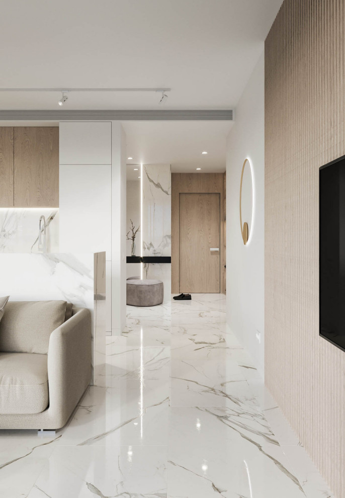 Idee per un grande soggiorno minimal aperto con pareti bianche, pavimento in gres porcellanato, TV a parete, pavimento bianco e boiserie