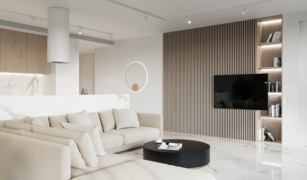 Inspiration för stora moderna allrum med öppen planlösning, med vita väggar, klinkergolv i porslin, en väggmonterad TV och vitt golv