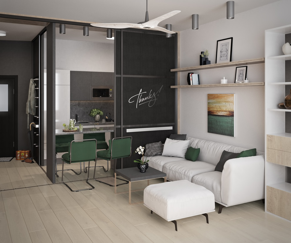 Ejemplo de sala de estar abierta escandinava pequeña con paredes blancas, suelo de linóleo y televisor independiente