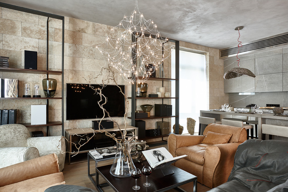 Idée de décoration pour un salon design ouvert avec un mur gris, un sol en bois brun, un téléviseur fixé au mur, une salle de réception, une cheminée double-face, un manteau de cheminée en bois et un sol beige.