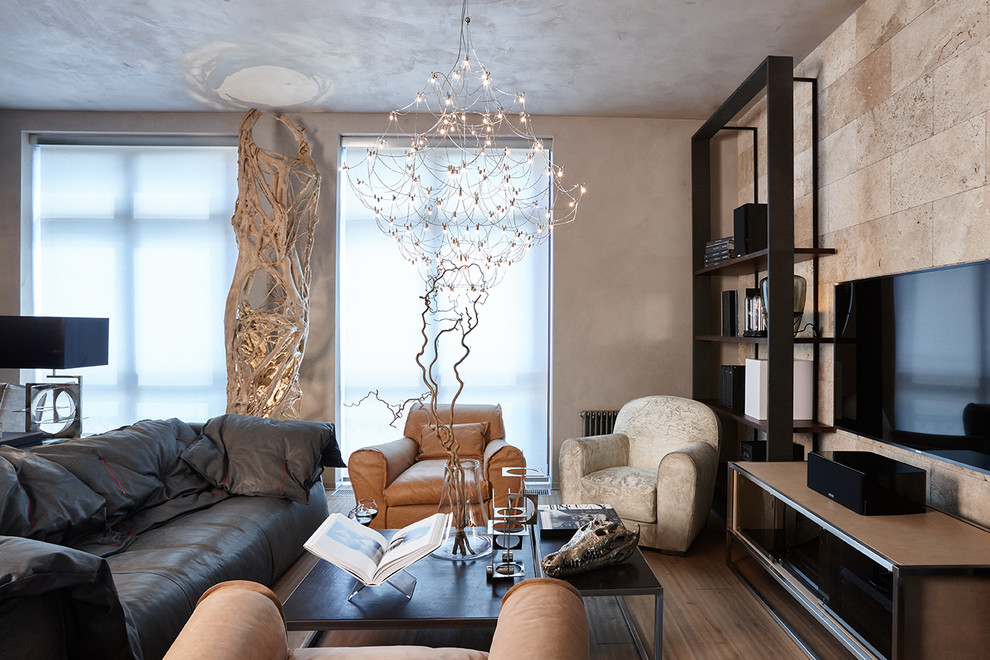 Idee per un soggiorno minimal aperto con pareti grigie, pavimento in legno massello medio, TV a parete, sala formale, cornice del camino in legno e pavimento beige