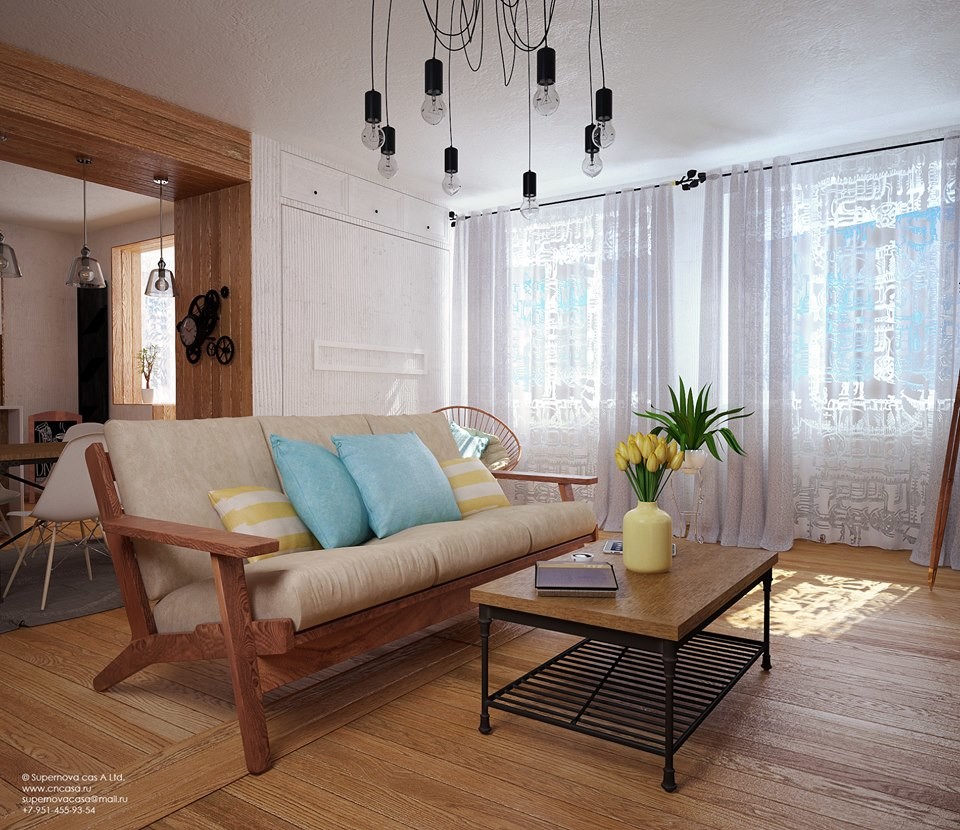 Стильный дизайн: гостиная комната с тюлем на окнах - последний тренд