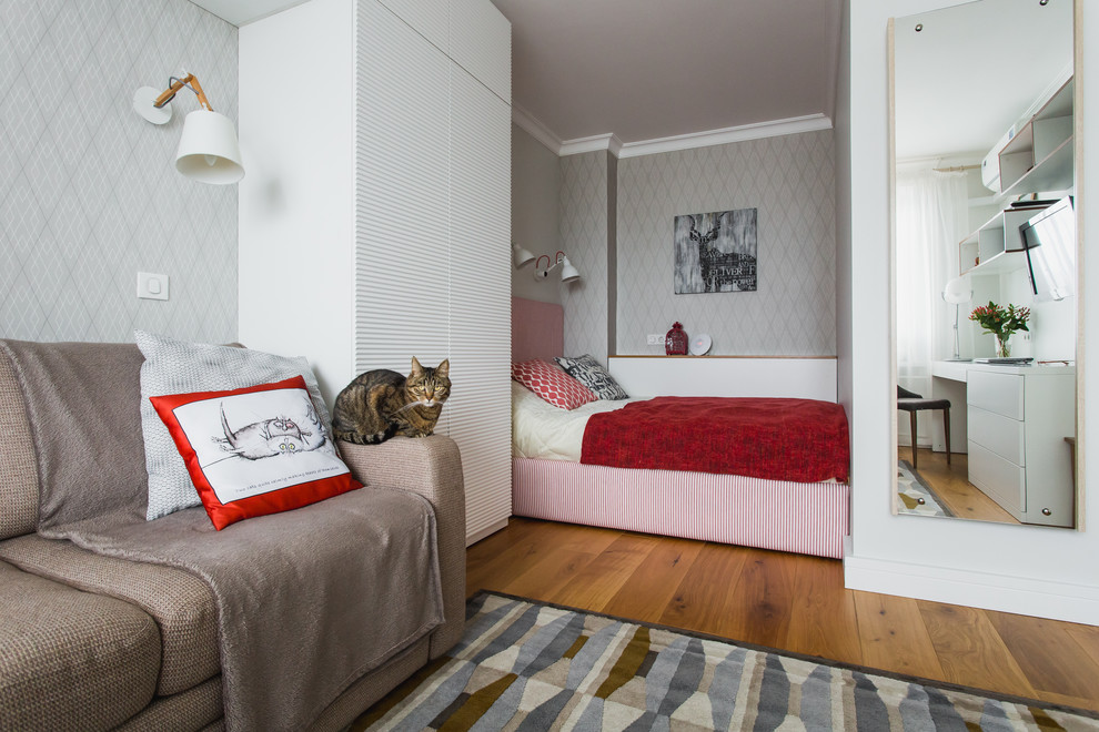 Ispirazione per un piccolo soggiorno design chiuso con sala formale, pareti grigie e pavimento in legno massello medio