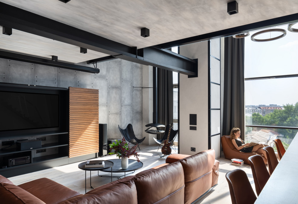 Inspiration for an urban open plan living room in Moscow with grey walls, a built-in media unit and grey floors.