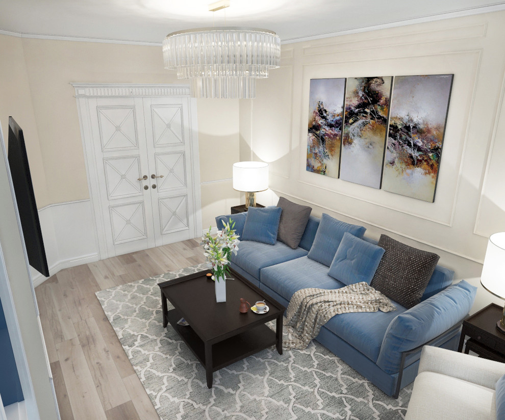 На фото: парадная, изолированная гостиная комната среднего размера в стиле неоклассика (современная классика) с бежевыми стенами, паркетным полом среднего тона, телевизором на стене и бежевым полом без камина