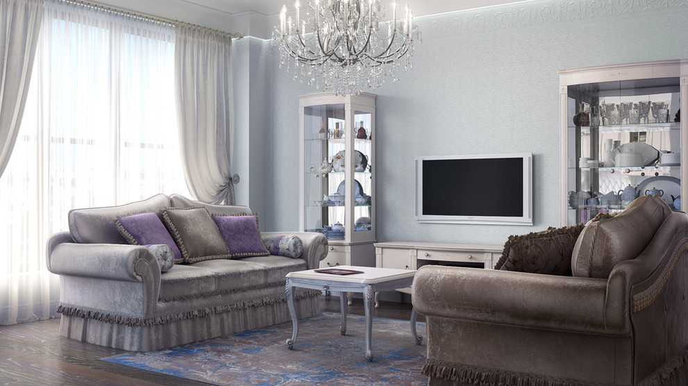 Стильный дизайн: большая парадная, открытая гостиная комната в классическом стиле с телевизором на стене, синими стенами, паркетным полом среднего тона и коричневым полом без камина - последний тренд