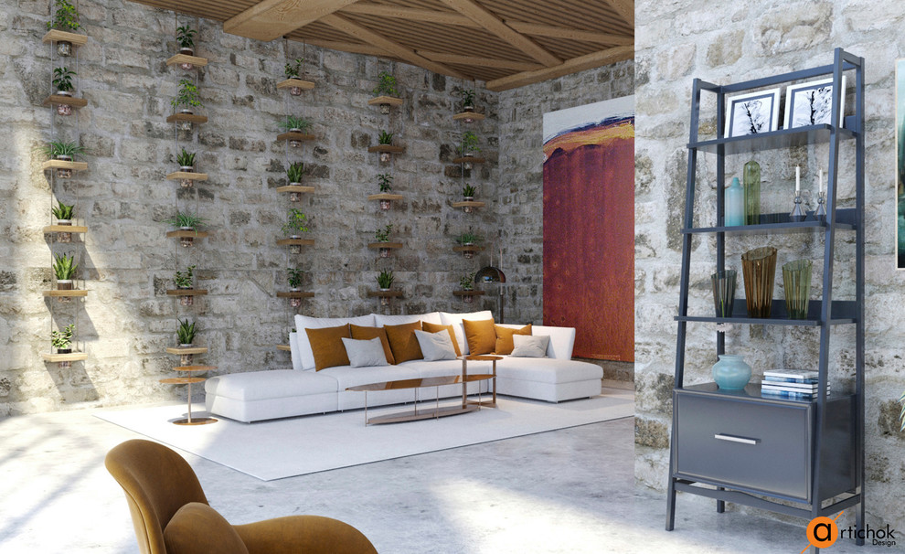 Modelo de salón abierto contemporáneo grande con paredes grises, suelo de mármol, chimenea lineal, marco de chimenea de hormigón, televisor colgado en la pared y suelo blanco