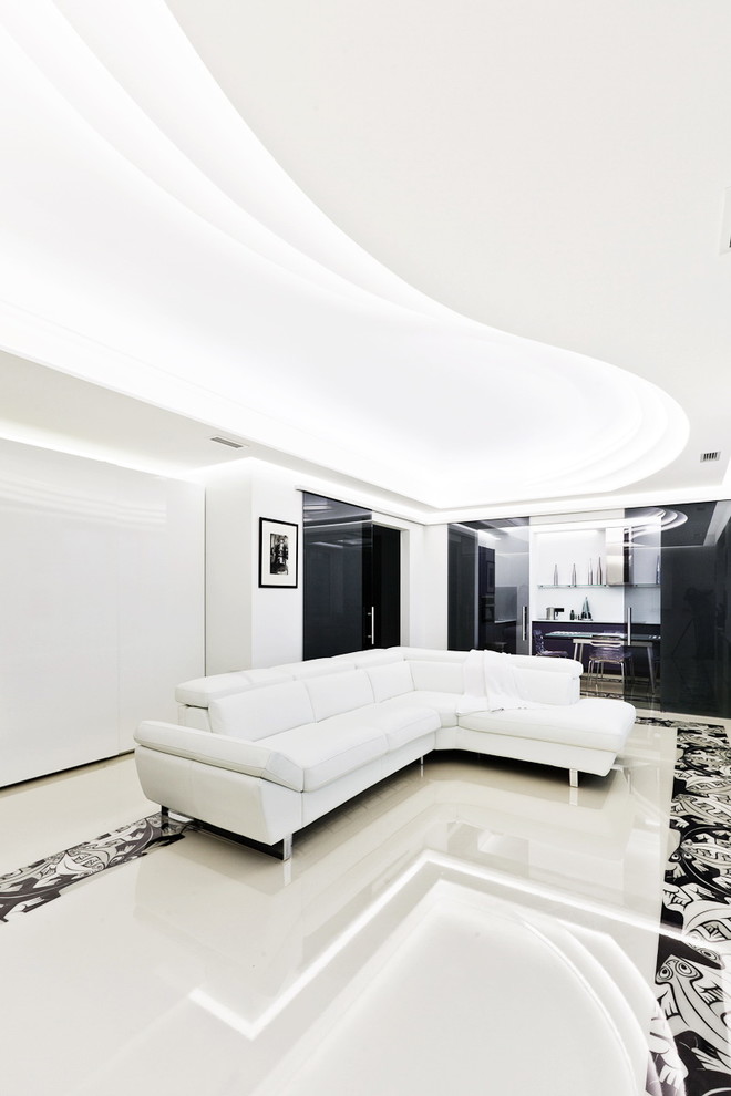 На фото: парадная, изолированная гостиная комната среднего размера в современном стиле с белыми стенами с