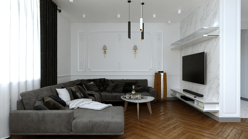 Idee per un soggiorno tradizionale di medie dimensioni e chiuso con pareti bianche, pavimento in legno massello medio, nessun camino, TV a parete e pavimento marrone