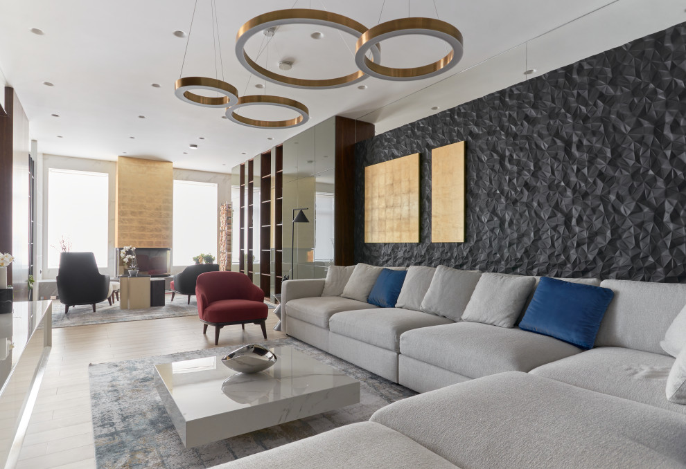 Inspiration for a large contemporary open concept porcelain tile, gray floor, tray ceiling and wall paneling living room library remodel in Other with a standard fireplace and a wall-mounted tv