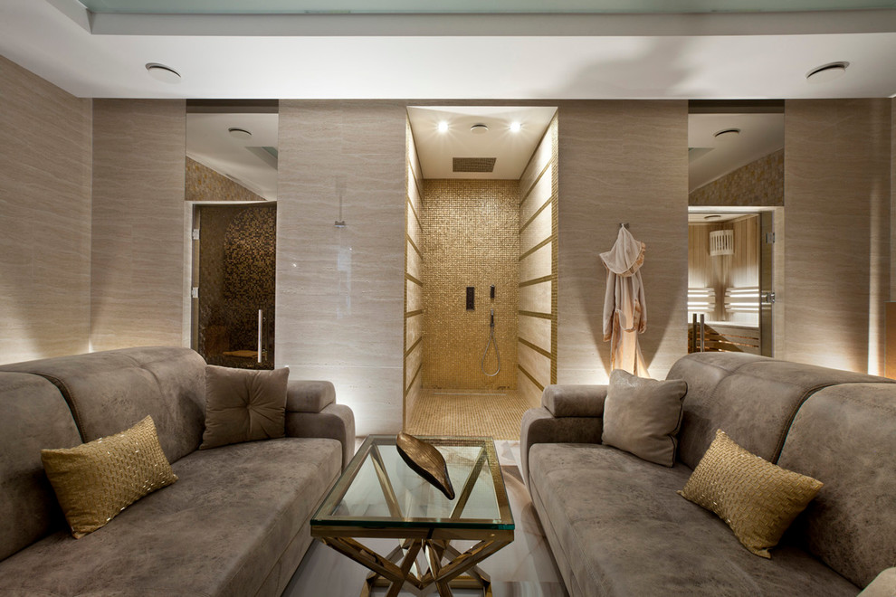 Идея дизайна: гостиная комната в современном стиле с зоной отдыха