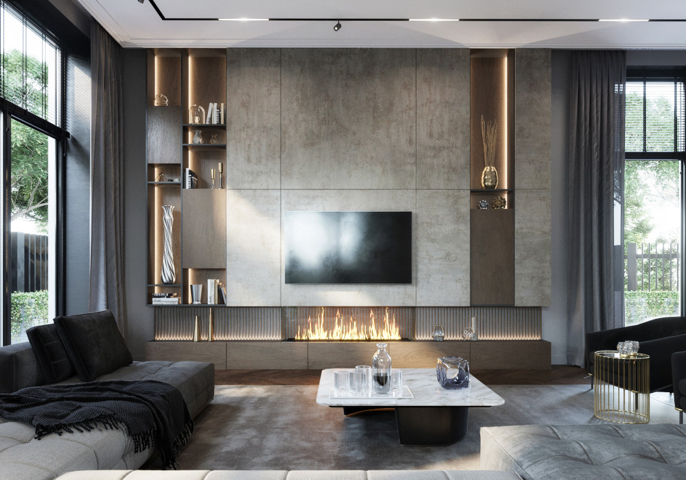Idées déco pour un grand salon contemporain ouvert avec un mur gris, parquet foncé, cheminée suspendue, un téléviseur fixé au mur et un sol marron.