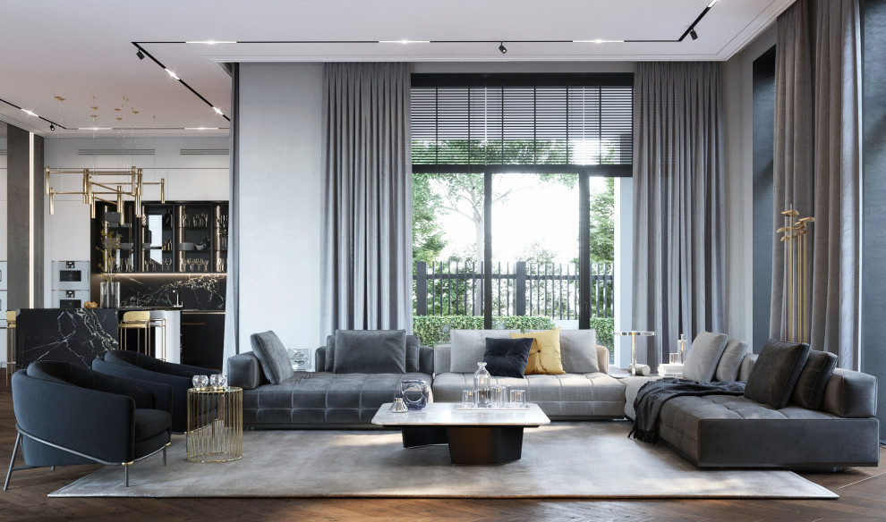 Großes, Offenes Modernes Wohnzimmer mit grauer Wandfarbe, dunklem Holzboden, Hängekamin, TV-Wand und braunem Boden in Sonstige