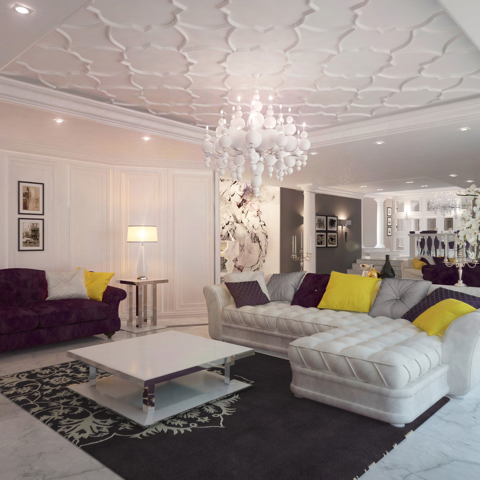 Idee per un grande soggiorno chic aperto con pareti bianche, pavimento in marmo, camino classico, cornice del camino in mattoni, TV a parete e pavimento bianco