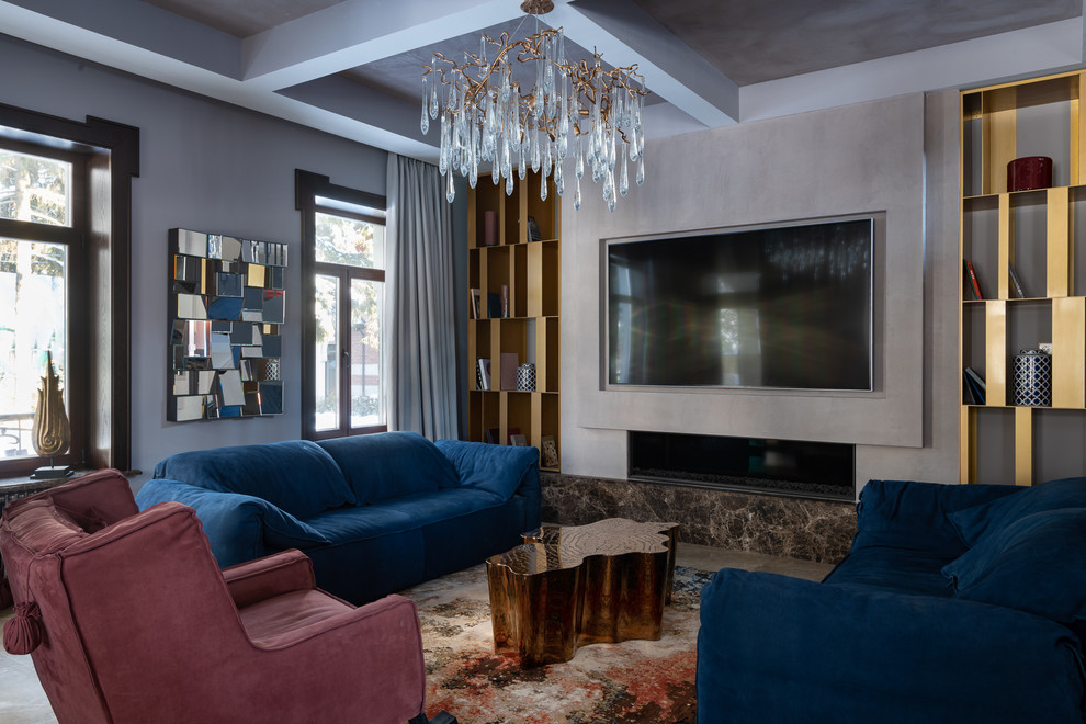 Источник вдохновения для домашнего уюта: гостиная комната в современном стиле с телевизором на стене