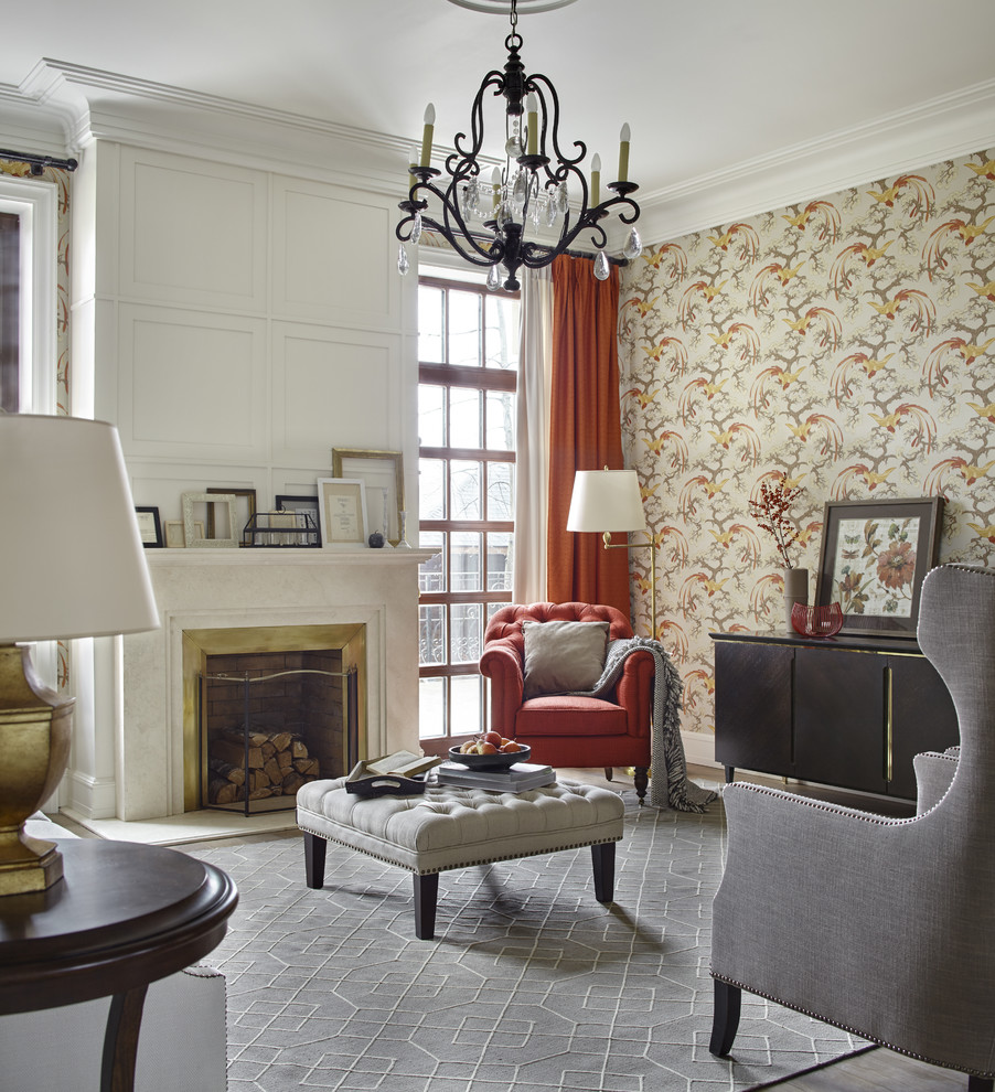 Ispirazione per un soggiorno tradizionale chiuso con sala formale, camino classico e pareti multicolore
