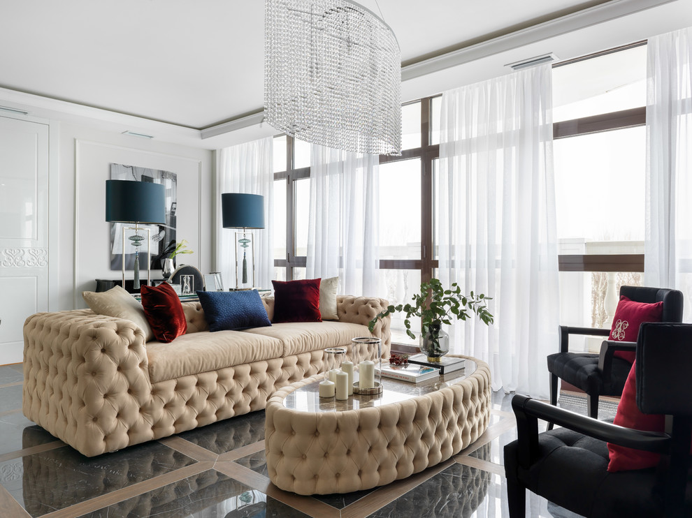 Ispirazione per un soggiorno tradizionale aperto con sala formale, pareti bianche e pavimento multicolore