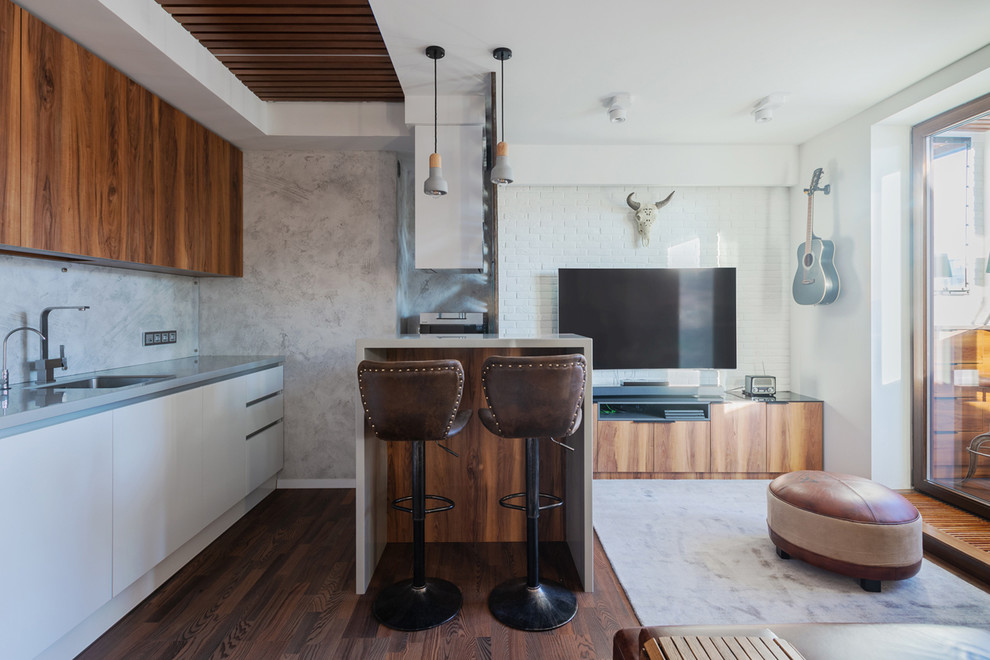 Kleines, Offenes Modernes Wohnzimmer mit Hausbar, weißer Wandfarbe, braunem Holzboden, TV-Wand und braunem Boden in Sankt Petersburg