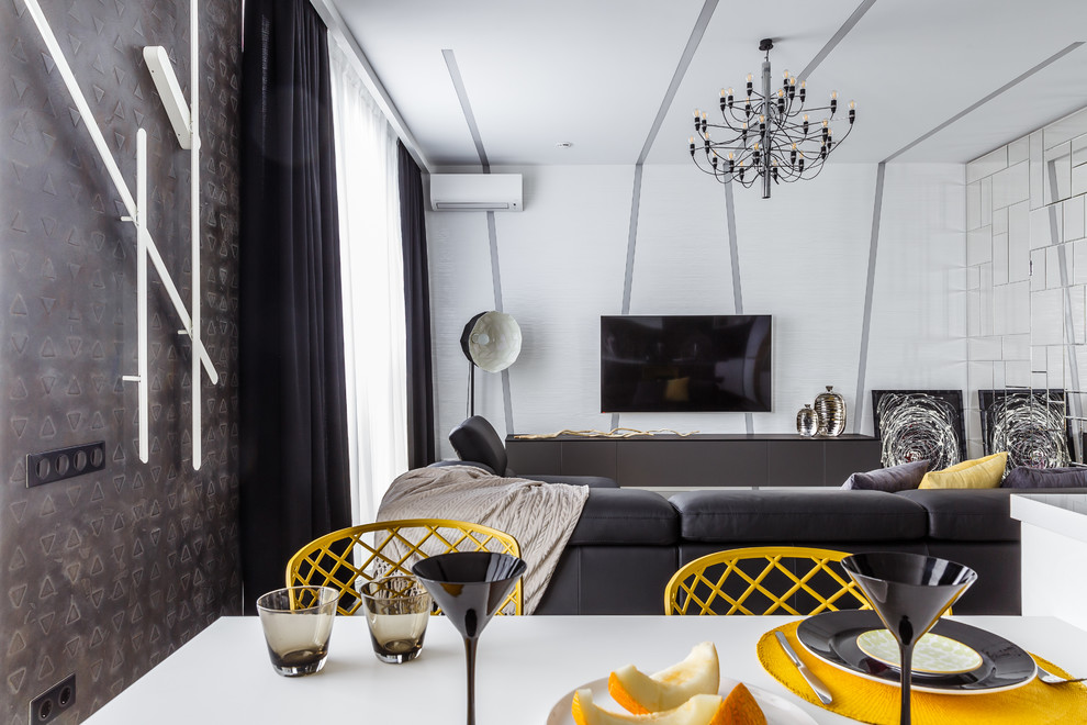 Esempio di un soggiorno minimal di medie dimensioni e aperto con sala formale, pareti bianche, pavimento con piastrelle in ceramica e TV a parete