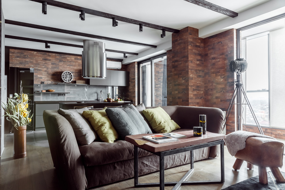 Inspiration for a medium sized urban mezzanine living room in Other with a reading nook, brown walls, porcelain flooring, a ribbon fireplace, a brick fireplace surround, a wall mounted tv and grey floors.
