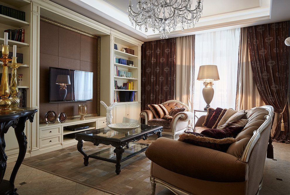 Идея дизайна: гостиная комната в стиле неоклассика (современная классика) с телевизором на стене, бежевым полом и коричневыми стенами